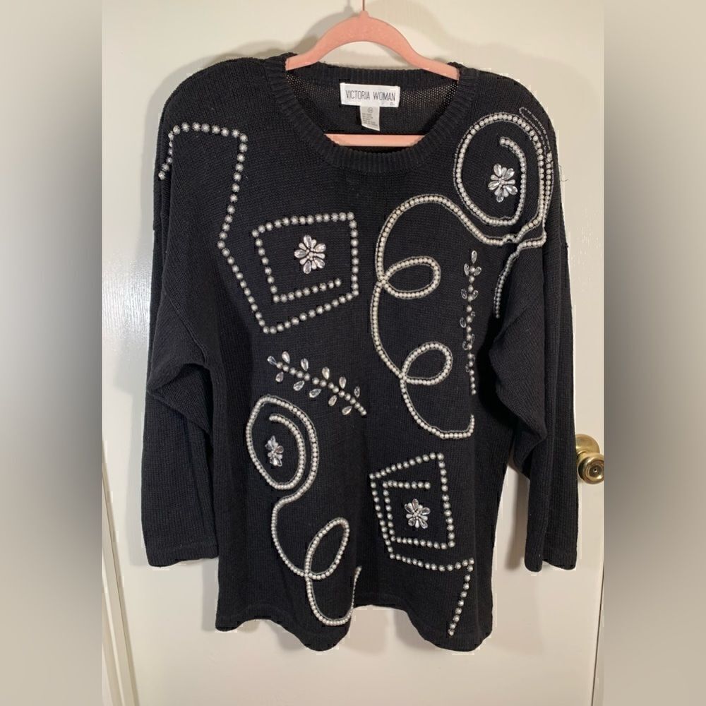 Victoria woman vintage black pearl/rhinestone beaded sweater Size 2X